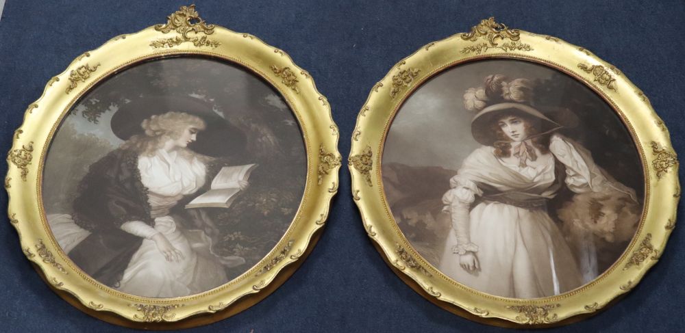 After Morland, pair of mezzotints, Portraits of ladies, ovals, 45 x 38cm, a pair of engravings after Bartolozzi, Florizel & Perdita and